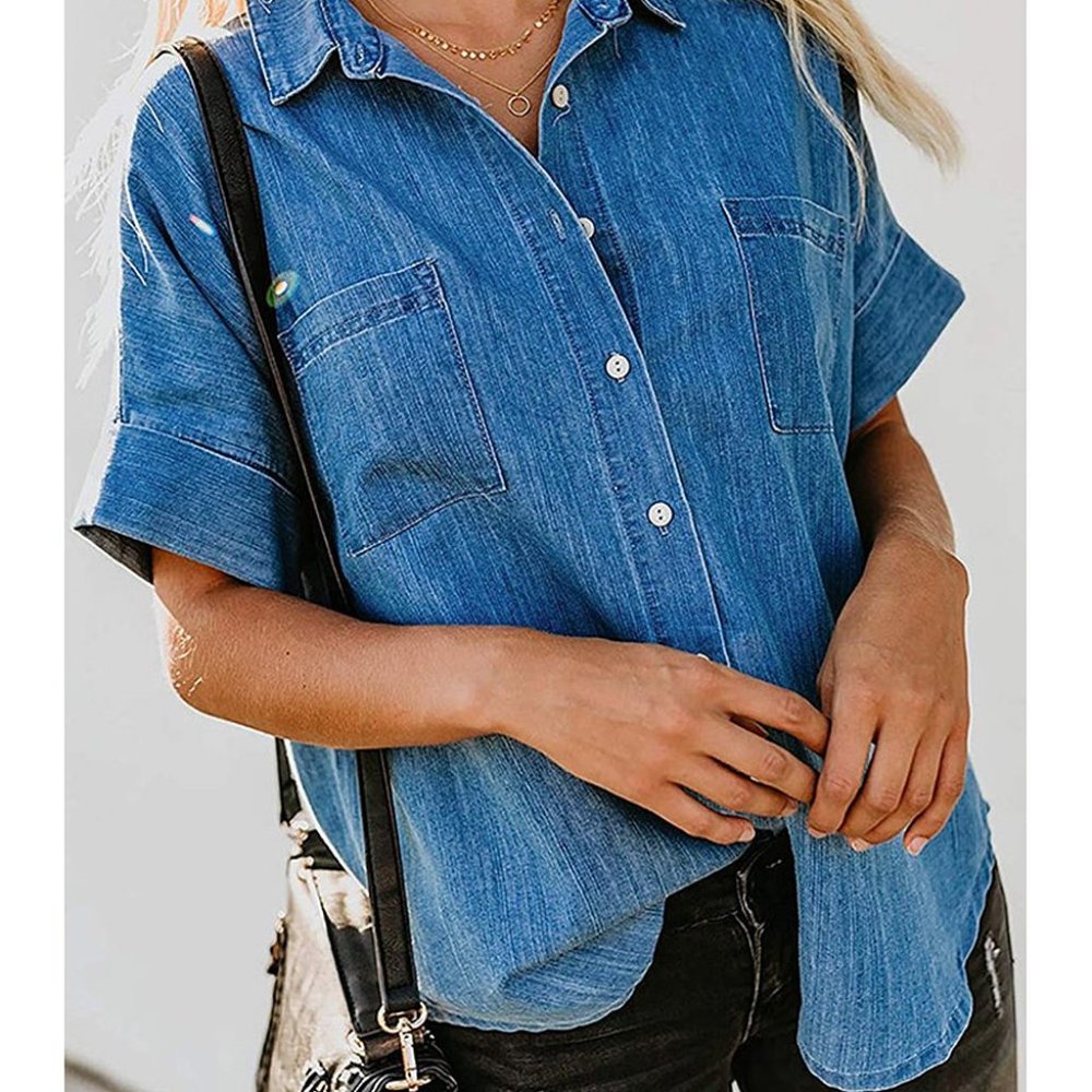 Dark Blue Denim Short-Sleeve Button-Up - Size L